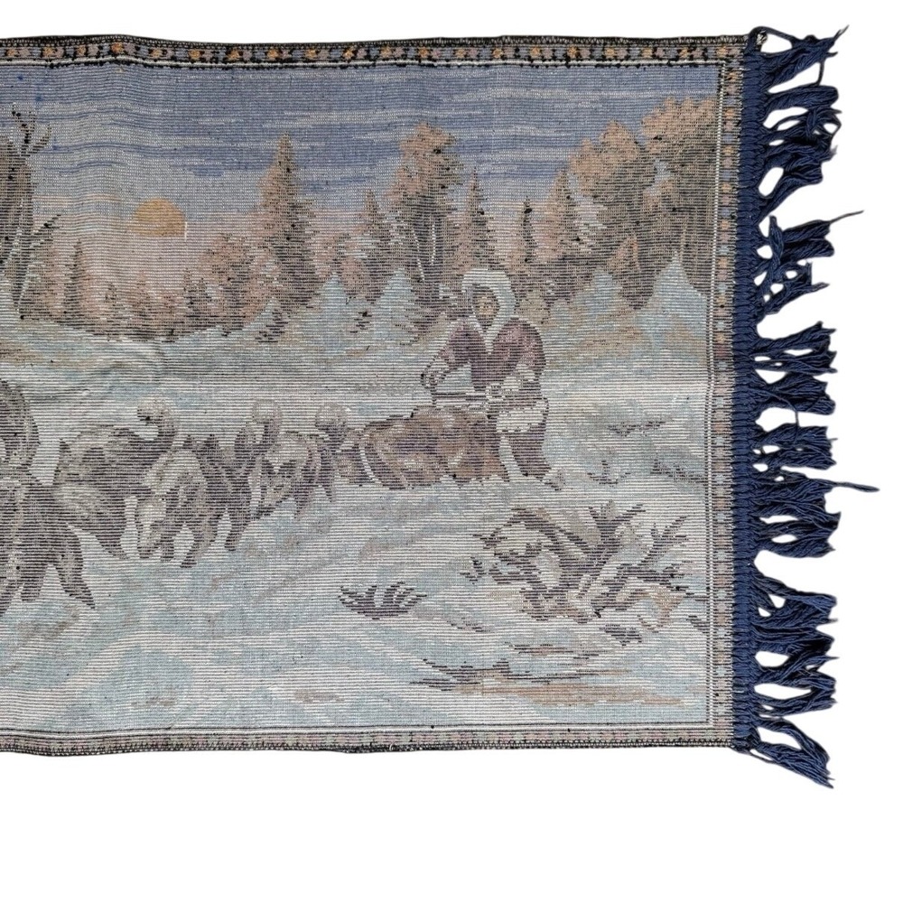 Vintage Mid Century Dogsled Tapestry Rug Husky Winter Scene Wall Hanging Cabin - Picture 7 of 7